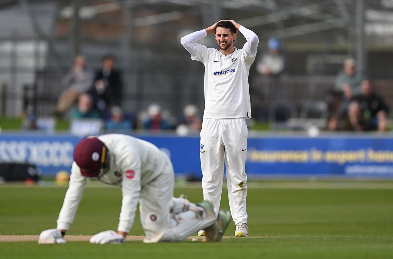 Fynn Hudson-Prentice reacts to a missed run-out chance, Sussex vs Northamptonshire, County Championship, Division Two, Hove, April 5, 2024