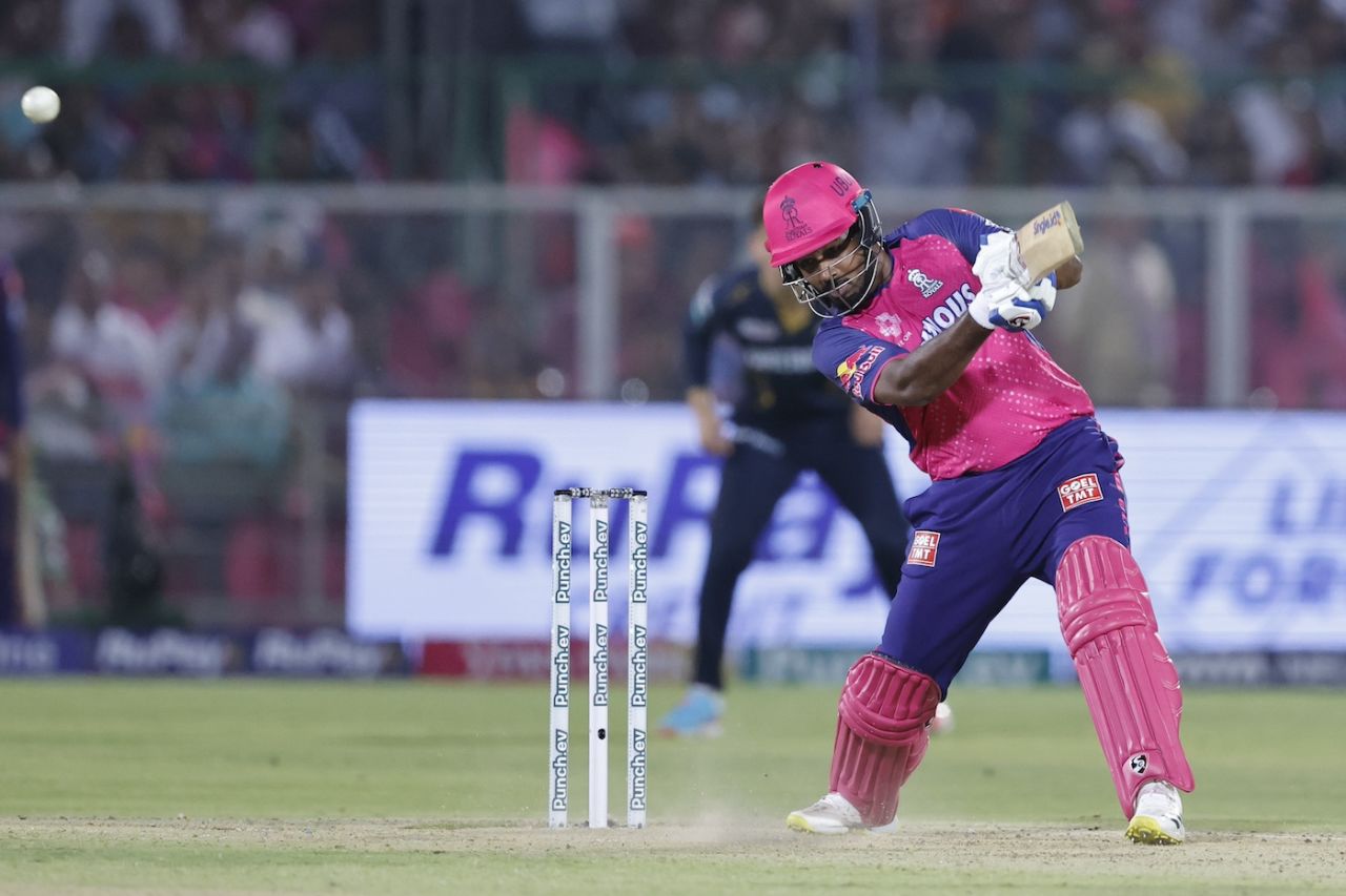 Sanju Samson blasts over the off side, Rajasthan Royals vs Gujarat Titans, IPL 2024, Jaipur, April 10, 2024
