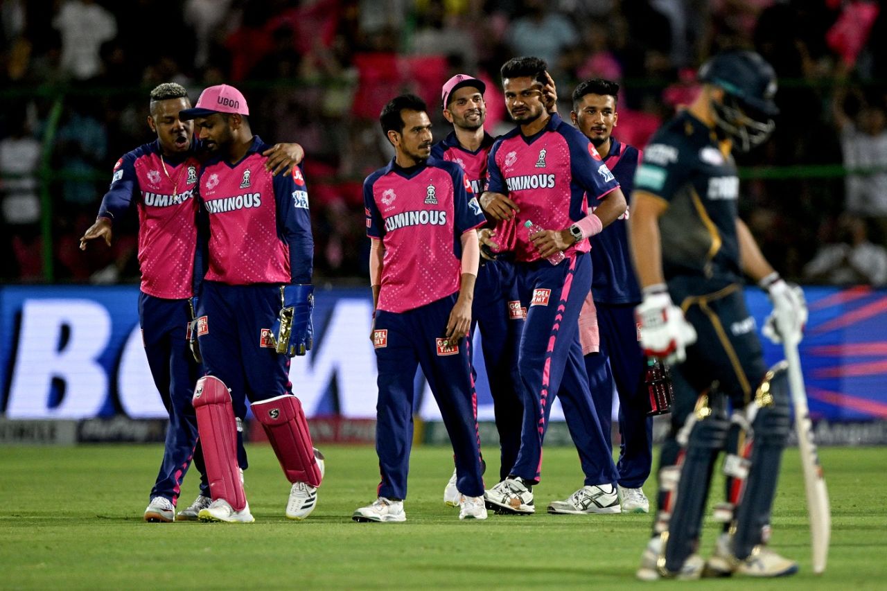 Kuldeep Sen celebrates with his team-mates after dismissing Abhinav Manohar, Rajasthan Royals vs Gujarat Titans, IPL 2024, Jaipur, April 10, 2024