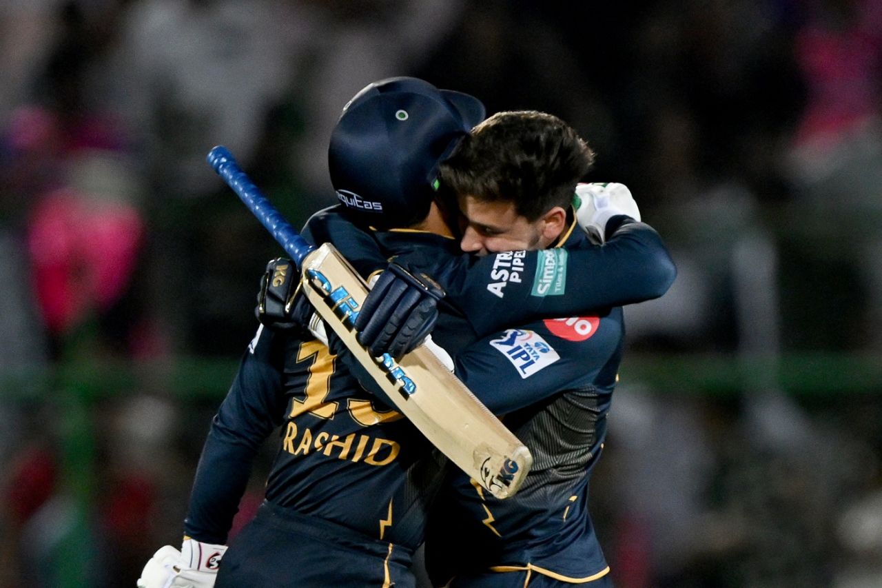 Rashid Khan and Noor Ahmad embrace after Gujarat Titans' win, Rajasthan Royals vs Gujarat Titans, IPL 2024, Jaipur, April 10, 2024