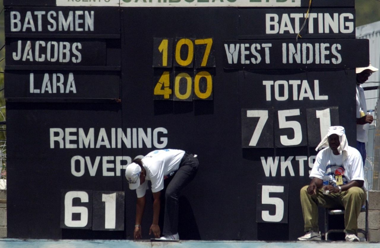 The scoreboard after Brian Lara's 400, West Indies vs England, fourth Test, day three, Antigua, April 12, 2004