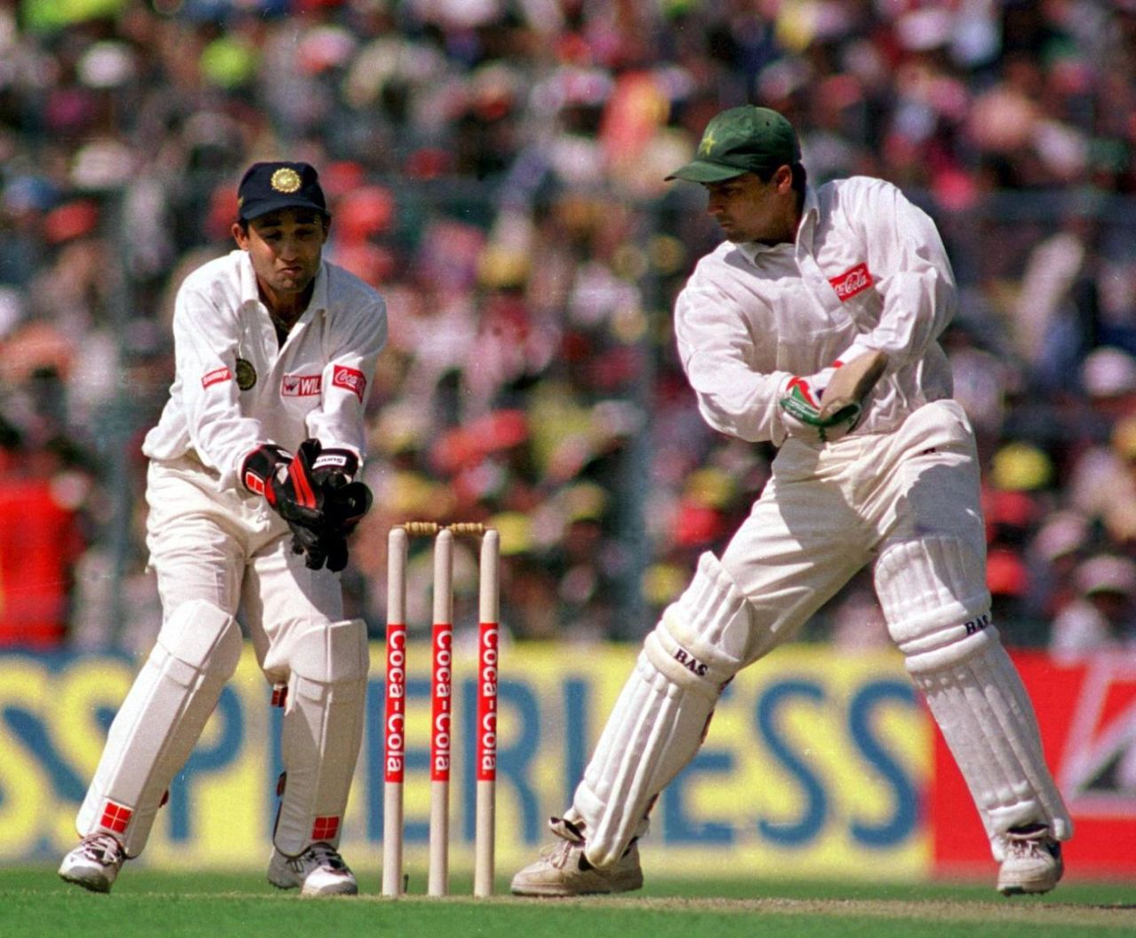 Moin Khan drives square, day one, first Test, India v Pakistan, Asia Test Championship, Eden Gardens, Calcutta, Feb 16, 1999