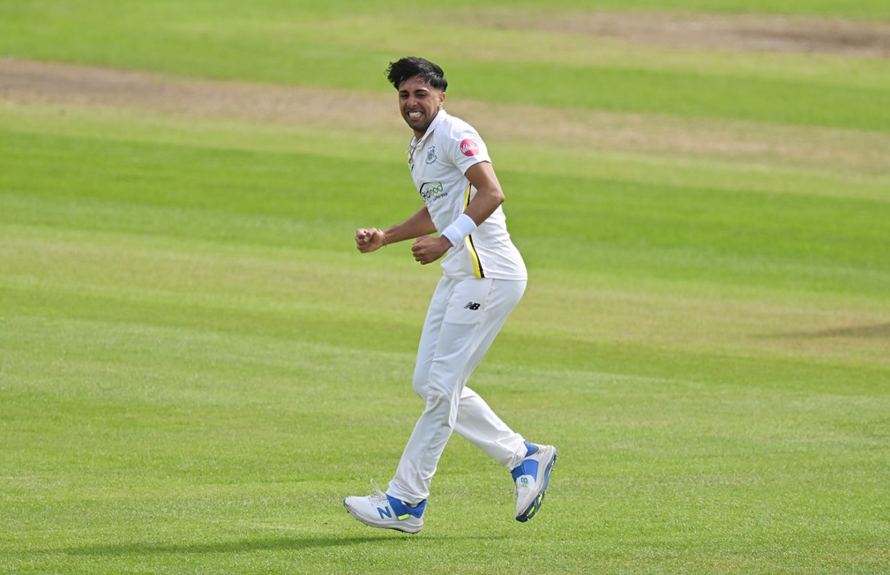 Ajeet Singh Dale celebrates an early wicket, Gloucestershire vs Yorkshire, County Championship, Division Two, Bristol, April 12, 2024