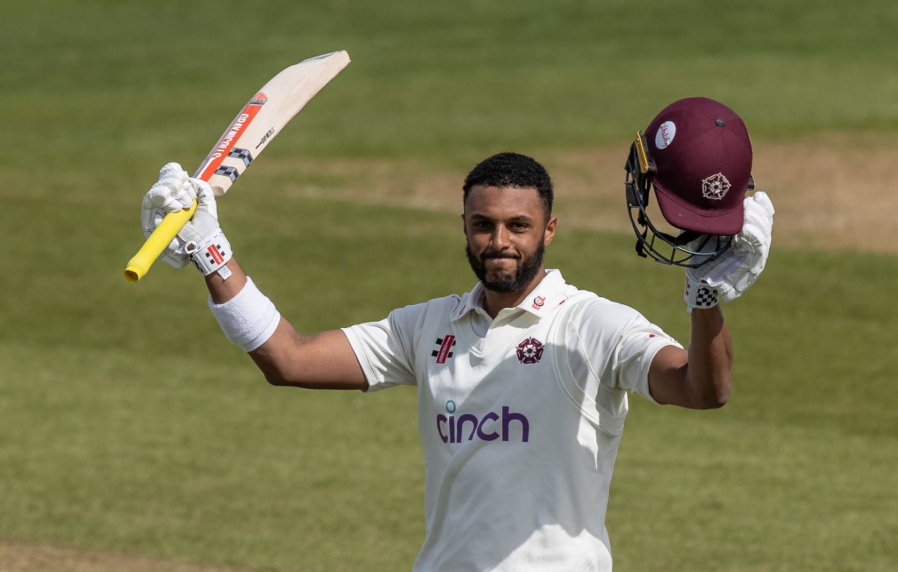 Emilio Gay brought up his double-century on the second day at Wantage Road, Northamptonshire vs Middlesex, County Championship, Division Two, Wantage Road, April 13, 2024
