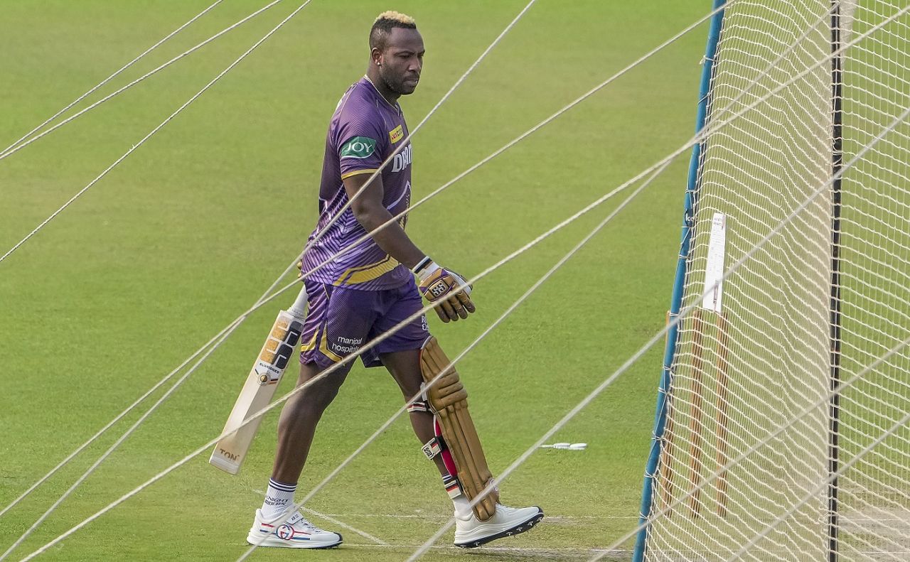 Andre Russell prepares to bat at the Eden Gardens nets, Kolkata, April 13, 2024