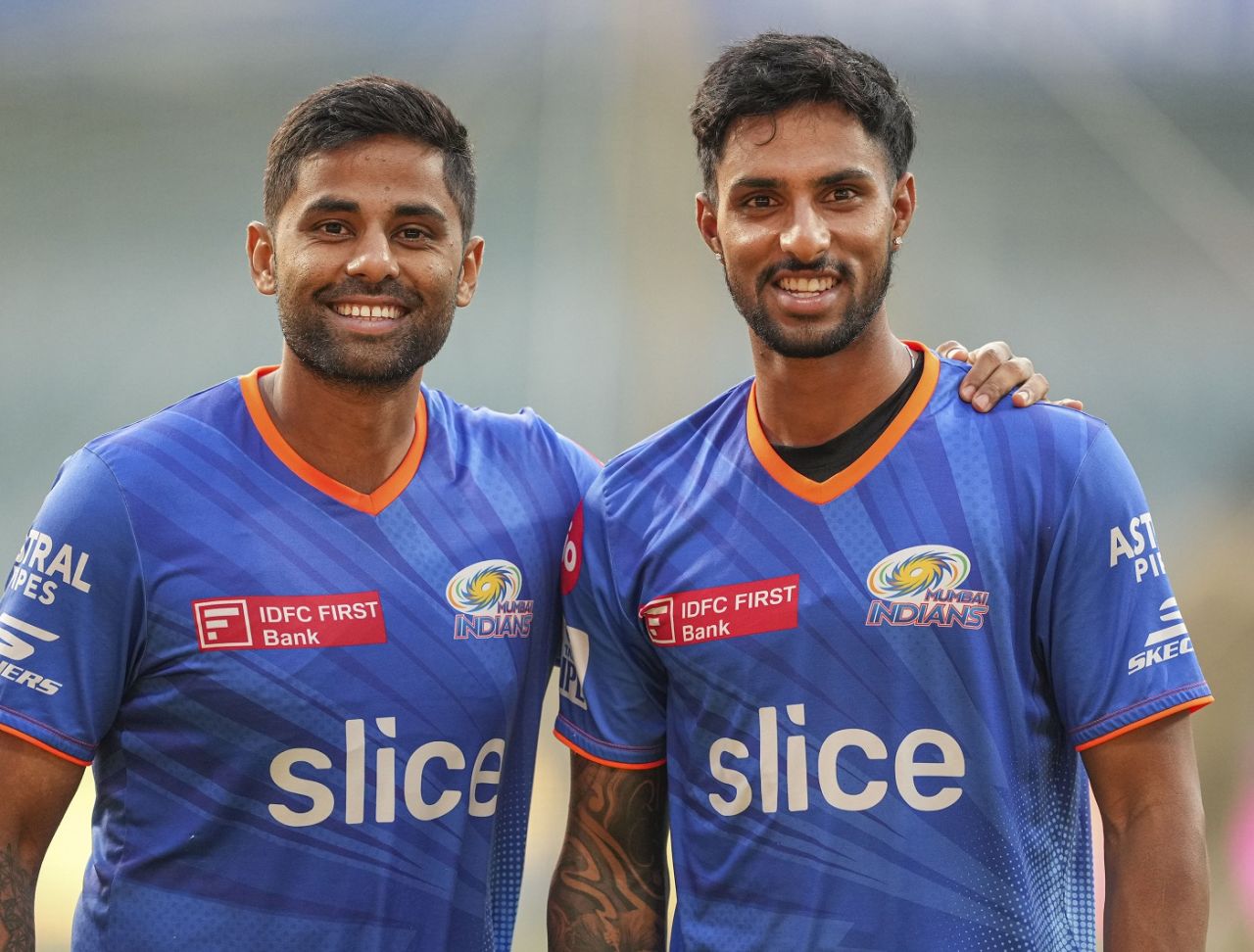 Suryakumar Yadav and Tilak Varma are all smiles at a training session, Mumbai, April 13, 2024