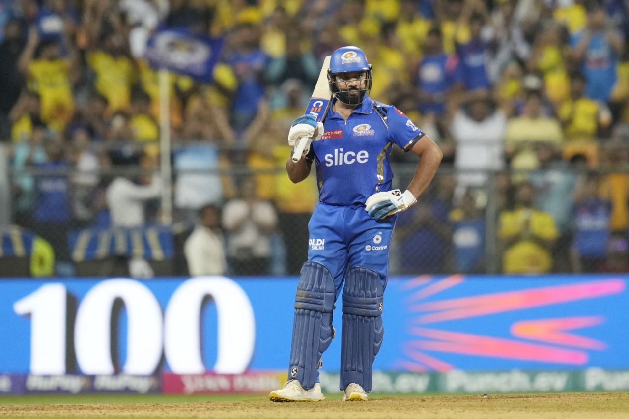 There were muted celebrations from Rohit Sharma after reaching his century with Mumbai Indians going down, Mumbai Indians vs Chennai Super Kings, IPL 2024, Mumbai, April 14, 2024