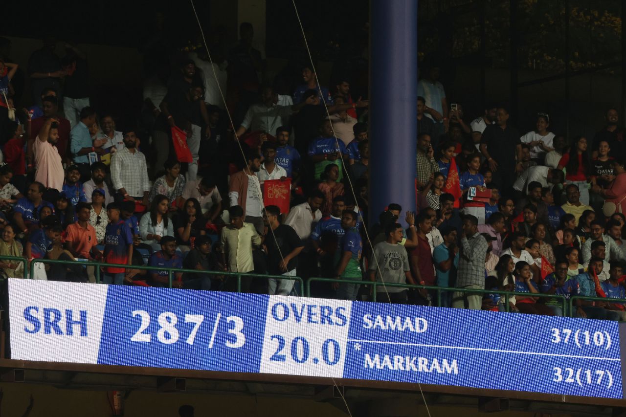 Sunrisers Hyderabad piled up a record-breaking 287 for 3, Royal Challengers Bengaluru vs Sunrisers Hyderabad, IPL 2024, Bengaluru, April 15, 2024
