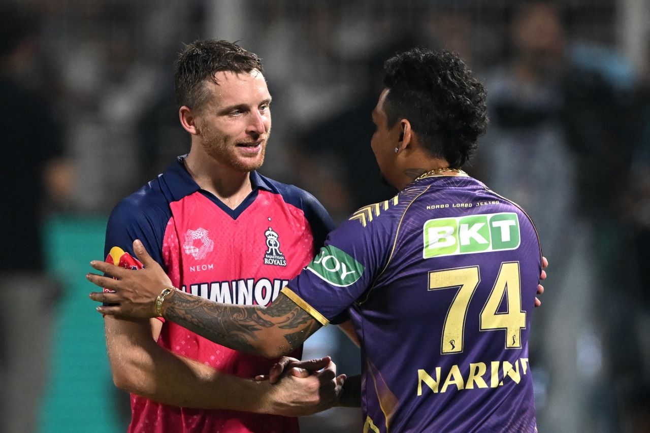 When centurions met: Jos Buttler and Sunil Narine catch up after the match, Kolkata Knight Riders vs Rajasthan Royals, IPL 2024, Kolkata, April 16, 2024