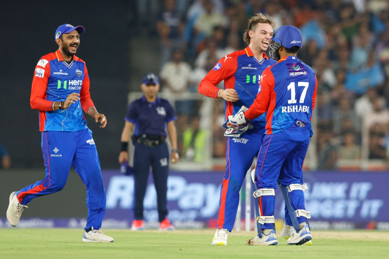 Tristan Stubbs is thrilled after Rishabh Pant completes a second stumping - albeit a bit fortuitously - in his over, Gujarat Titans vs Delhi Capitals, IPL 2024, Ahmedabad, April 17, 2024