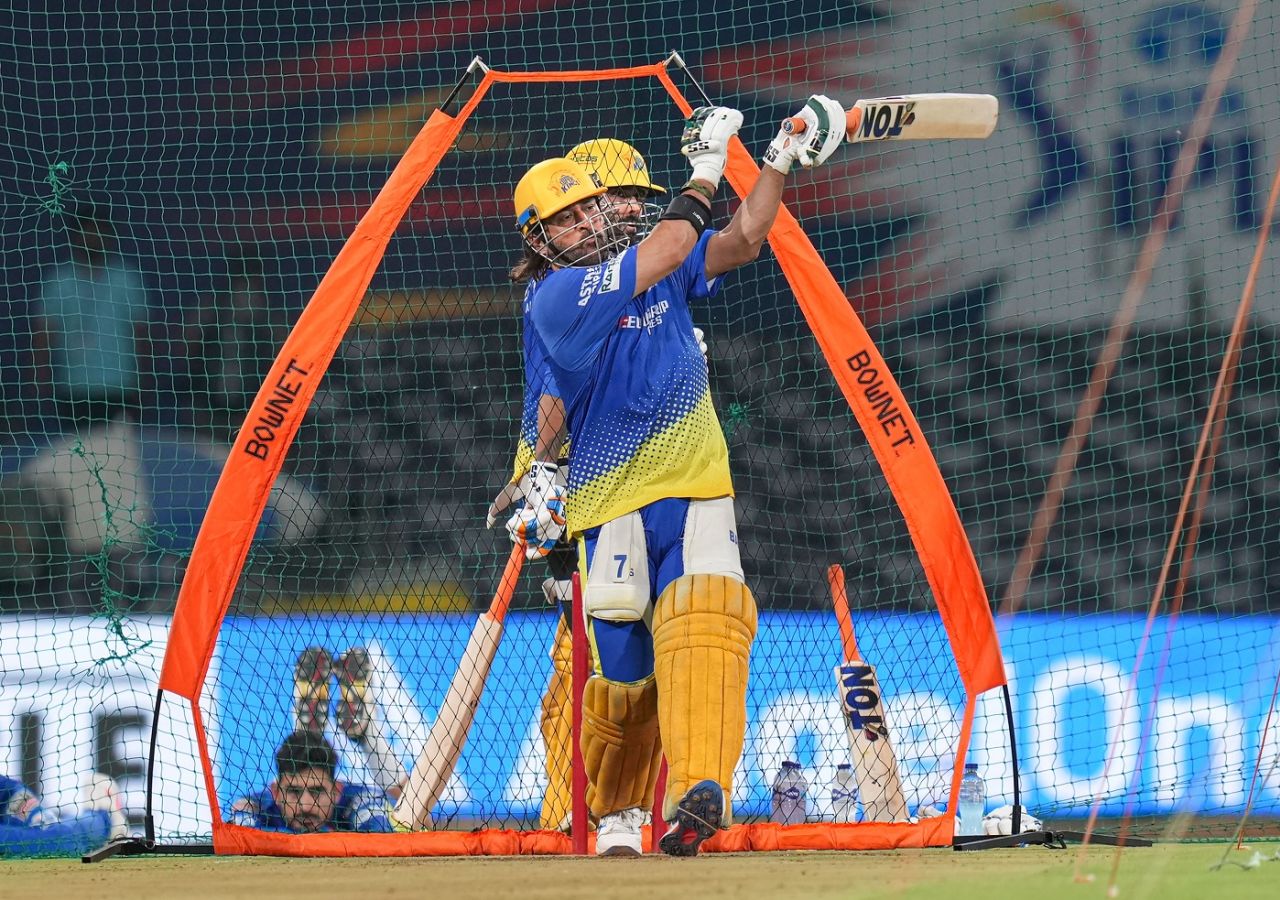 MS Dhoni hits out with Ravindra Jadeja watching from behind the nets, Lucknow, April 19, 2024