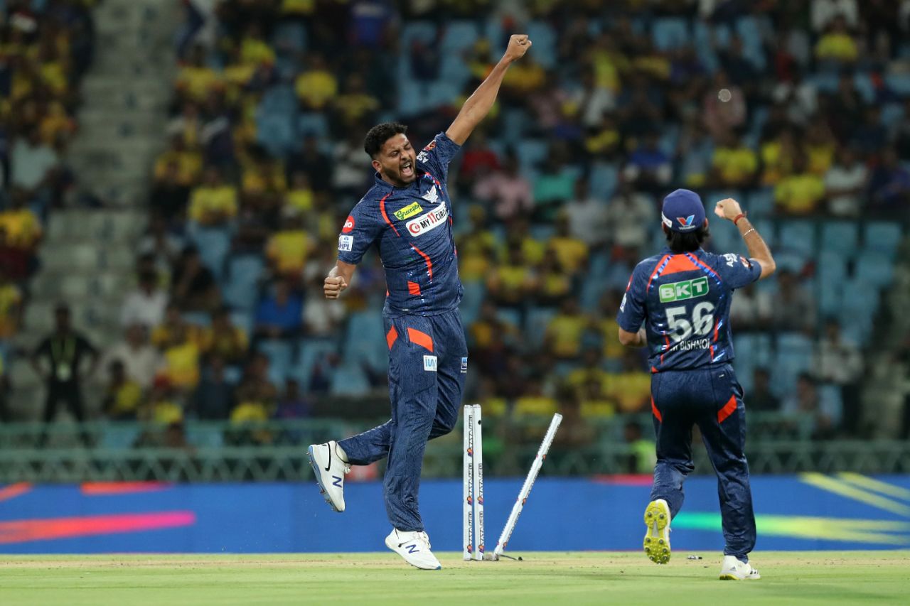 Mohsin Khan is pumped up after bagging Rachin Ravindra for a golden duck, Lucknow Super Giants vs Chennai Super Kings, IPL 2024, Lucknow, April 19, 2024