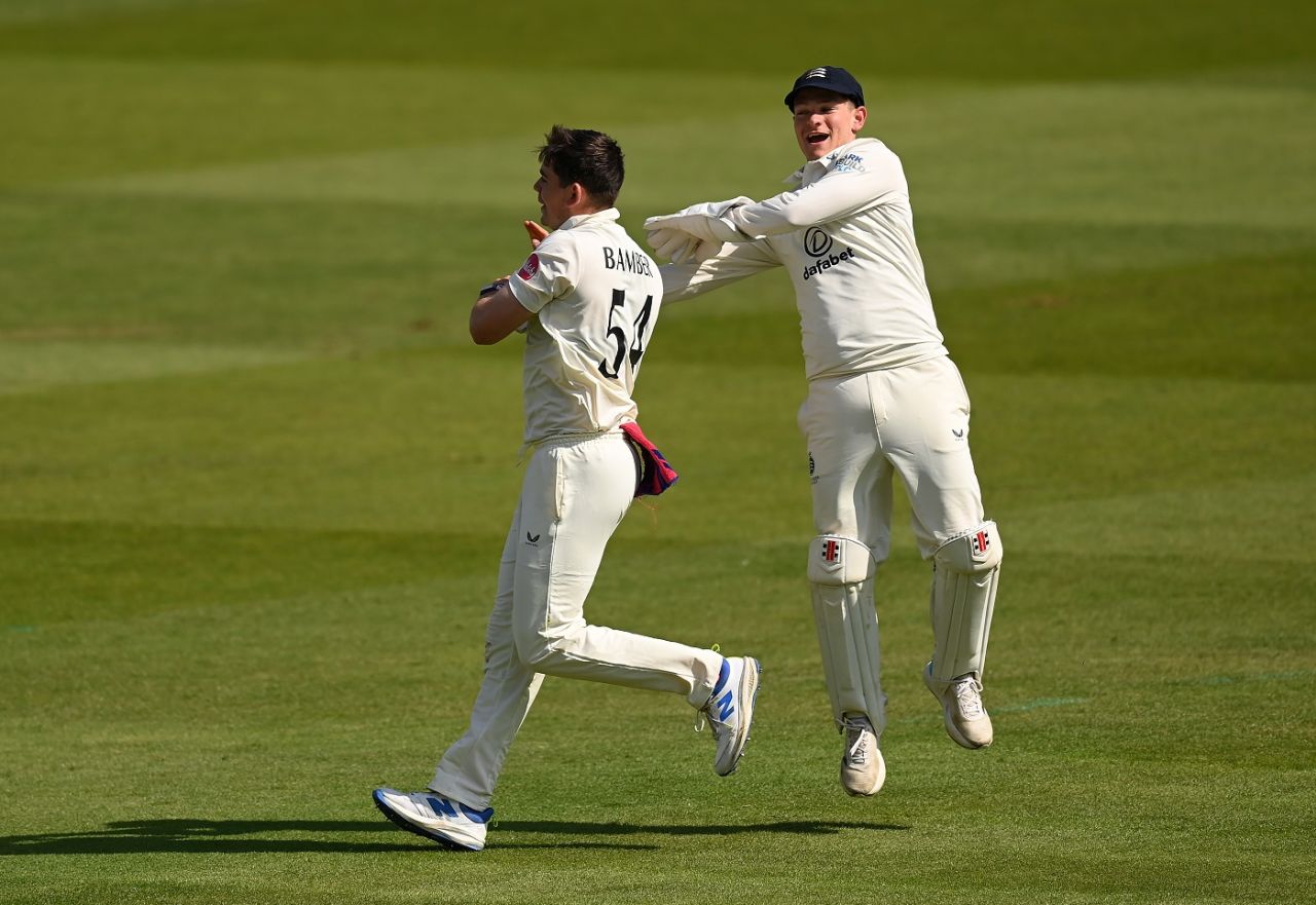 Ethan Bamber is congratulated by Jack Davies on the wicket of Harry Brook, Middlesex vs Yorkshire, County Championship, Division Two, Lord's, April 19, 2024