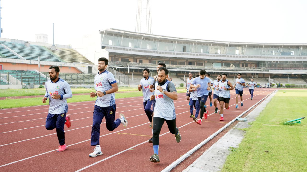 Bangladesh cricketers during a running session at Bangabandhu National Stadium, Dhaka, April 20, 2024