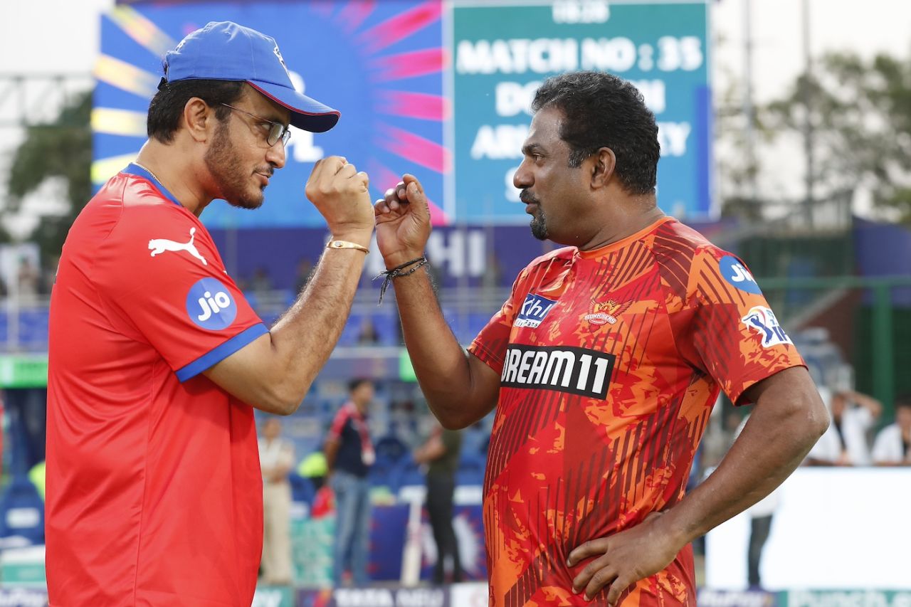 Sourav Ganguly and Muthiah Muralidaran catch up before the game, Delhi Capitals vs Sunrisers Hyderabad, IPL 2024, Delhi, April 20, 2024