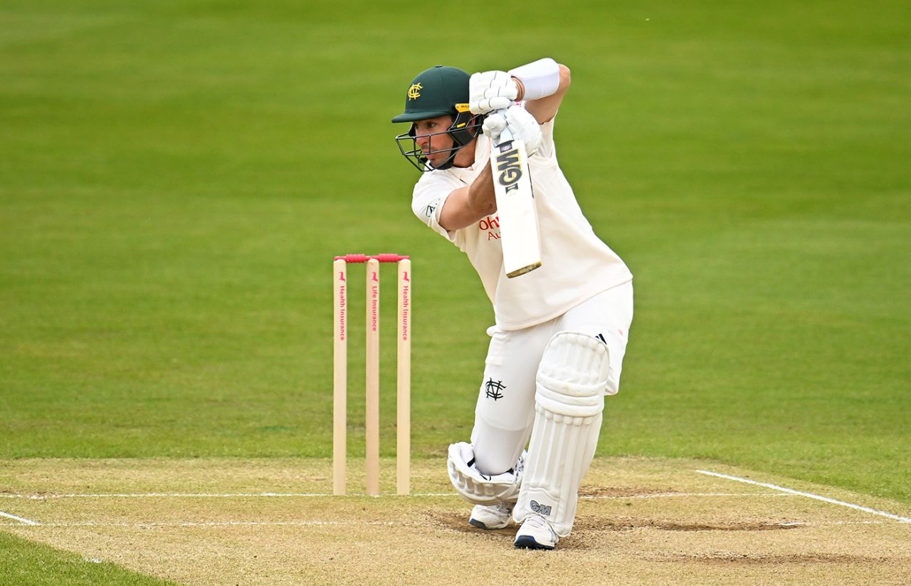 Will Young drives during his half-century, Somerset vs Nottinghamshire, Vitality County Championship, Division One, Taunton, April 21, 2024