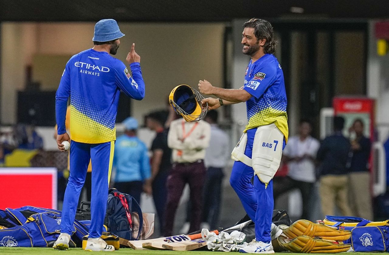 Ravindra Jadeja and MS Dhoni at CSK's training session, Chennai, April 22, 2024