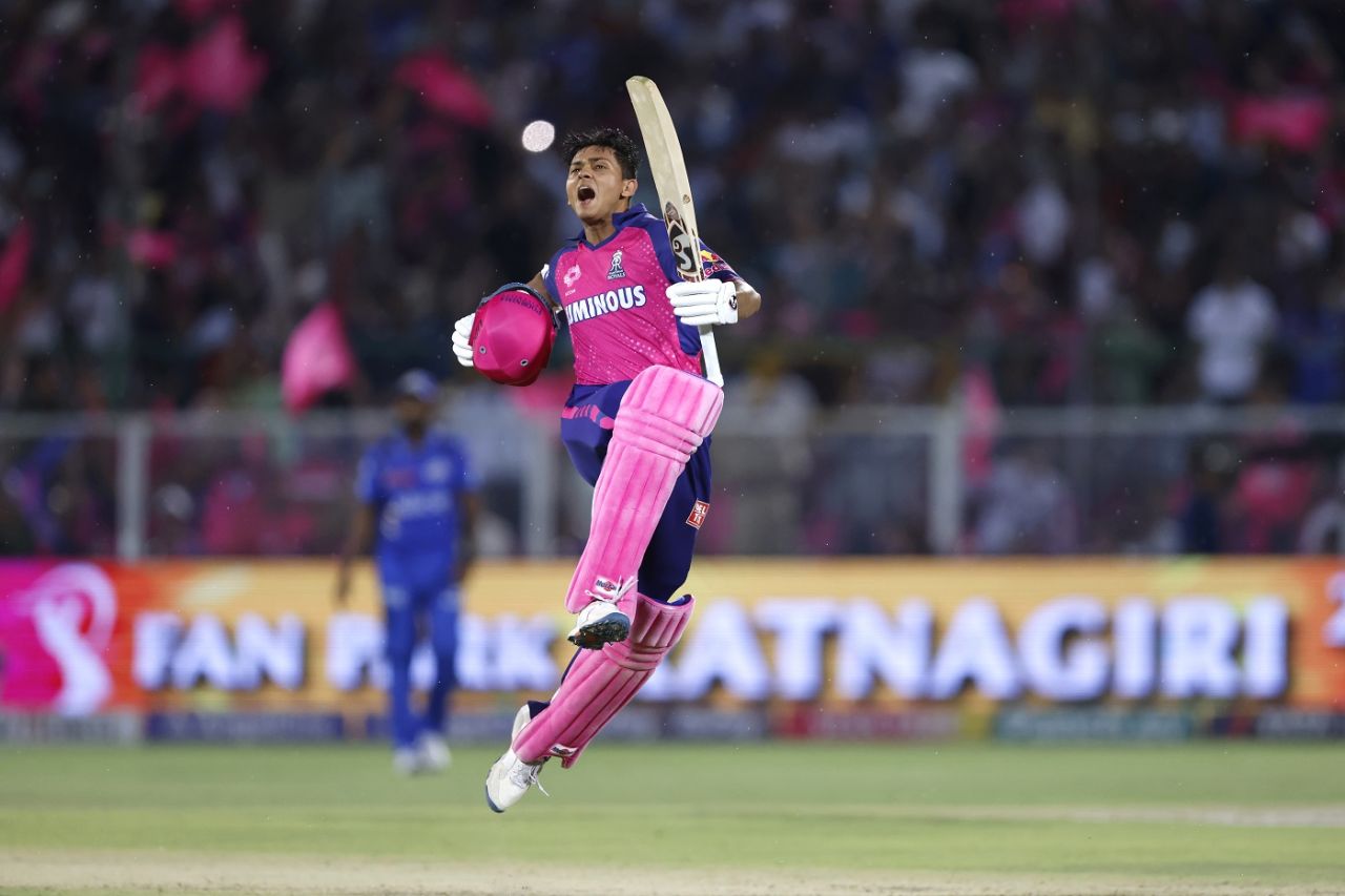 Yashasvi Jaiswal leaps in the air after scoring his second IPL hundred, Rajasthan Royals vs Mumbai Indians, IPL 2024, Jaipur, April 22, 2024