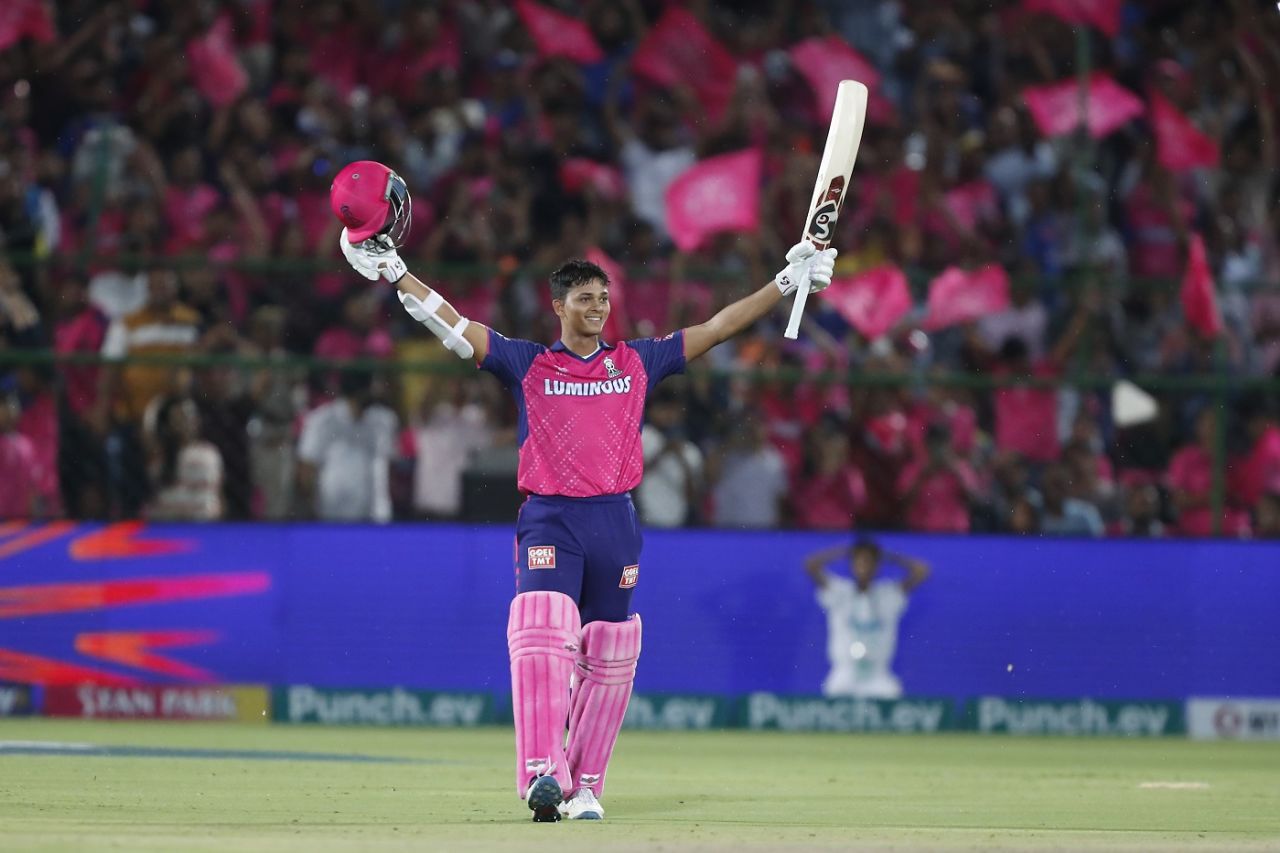 Yashasvi Jaiswal celebrates his century, Rajasthan Royals vs Mumbai Indians, IPL 2024, Jaipur, April 22, 2024