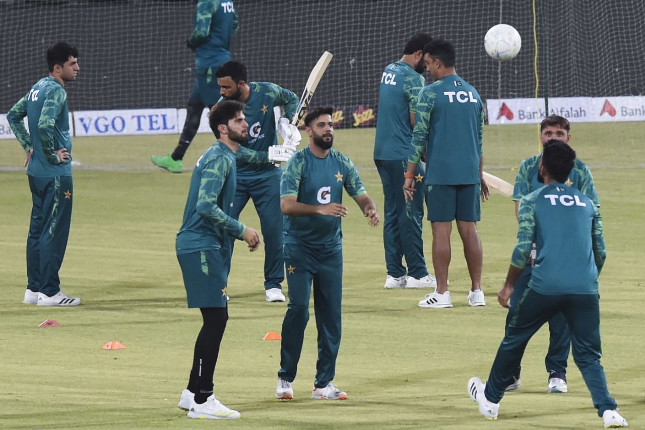 Pakistan players warm up with football, Pakistan vs New Zealand, Lahore, April 24, 2024