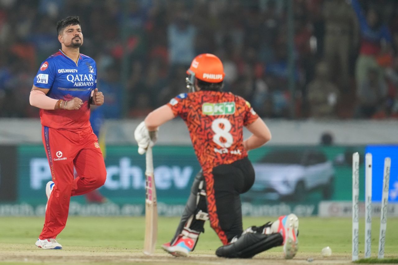 Karn Sharma made a mess of Nitish Kumar Reddy's stumps, Sunrisers Hyderabad vs Royal Challengers Bengaluru, IPL 2024, Hyderabad, April 25, 2024