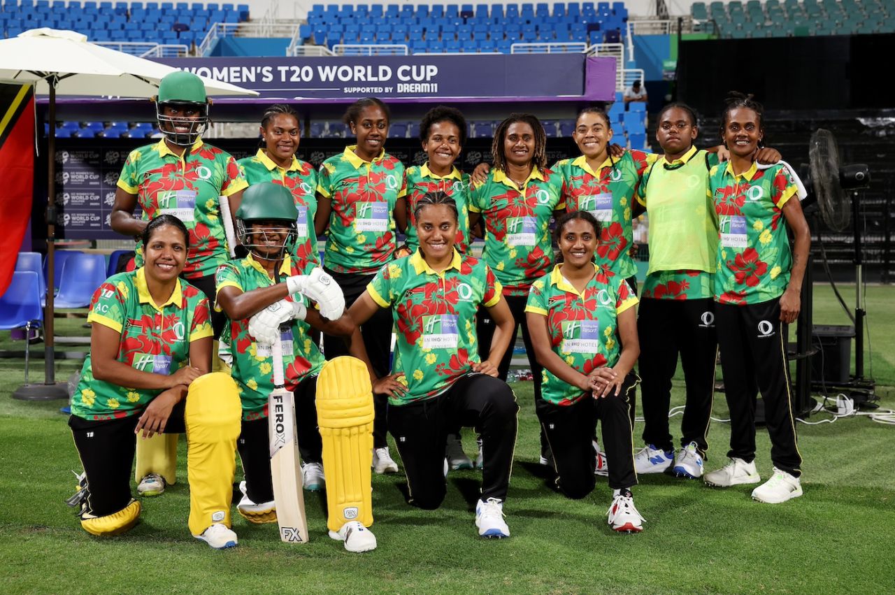 The Vanuatu players pose during their game against Zimbabwe, Zimbabwe vs Vanuatu, Women's T20 World Cup Qualifier, Group B, Abu Dhabi, April 25, 2024