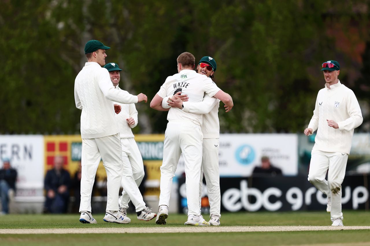 Matt Waite celebrates a breakthrough with his team-mates, Worcestershire vs Somerset, County Championship, Division One, Kidderminster, April 26, 2024