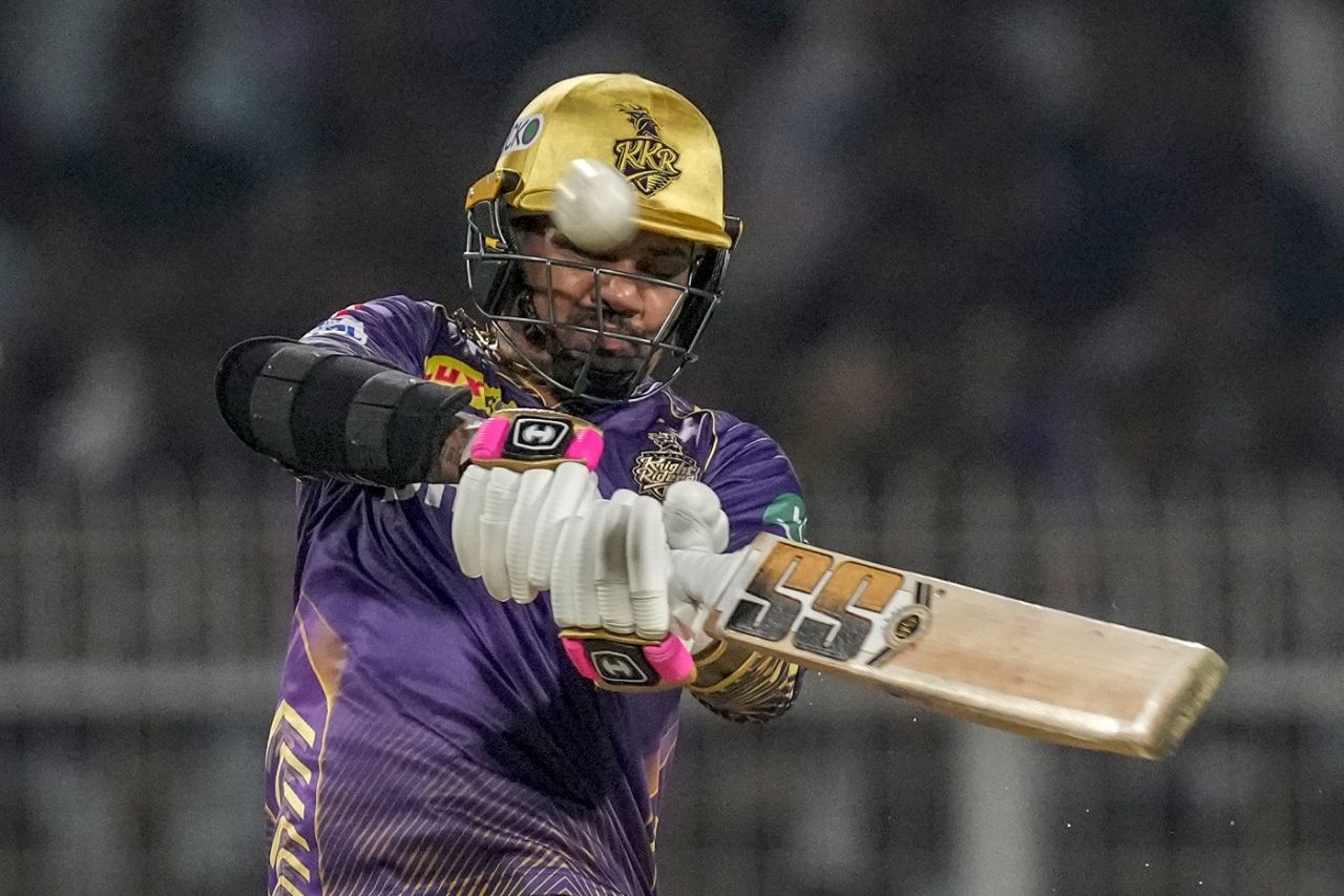 Sunil Narine shapes to deal with a short ball, Kolkata Knight Riders vs Punjab Kings, IPL 2024, Kolkata, April 26, 2024