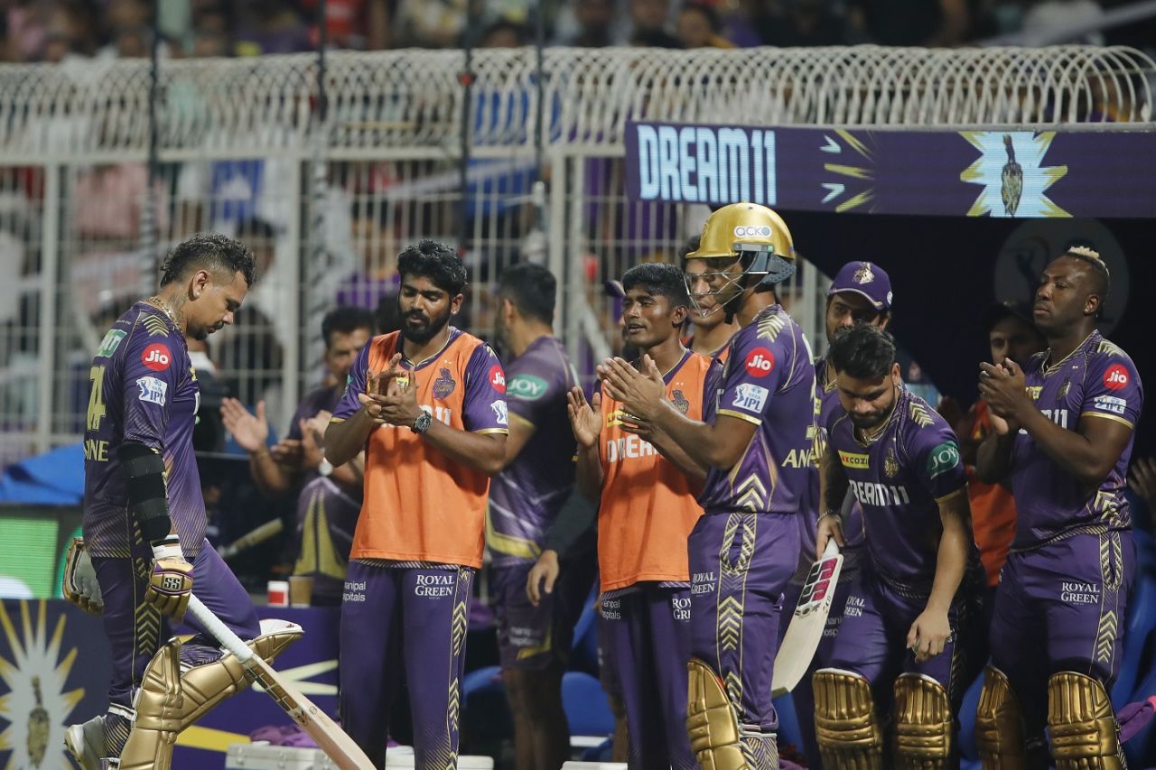 Sunil Narine was warmly welcomed back by his team-mates after he had hit 71 off 32 balls, Kolkata Knight Riders vs Punjab Kings, IPL 2024, Kolkata, April 26, 2024