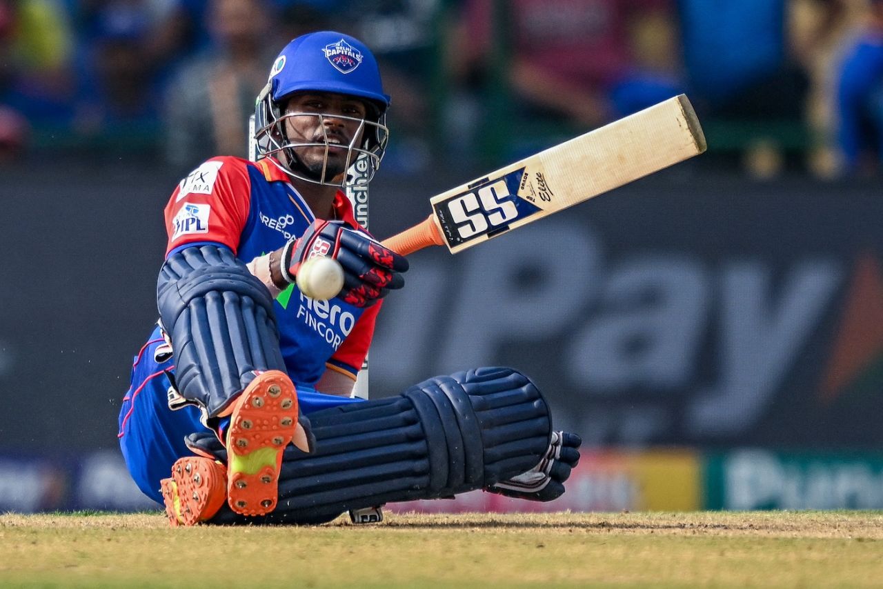 Abishek Porel hits the ground after being hit on the body by Luke Wood, Delhi Capitals vs Mumbai Indians, IPL 2024, Delhi, April 27, 2024
