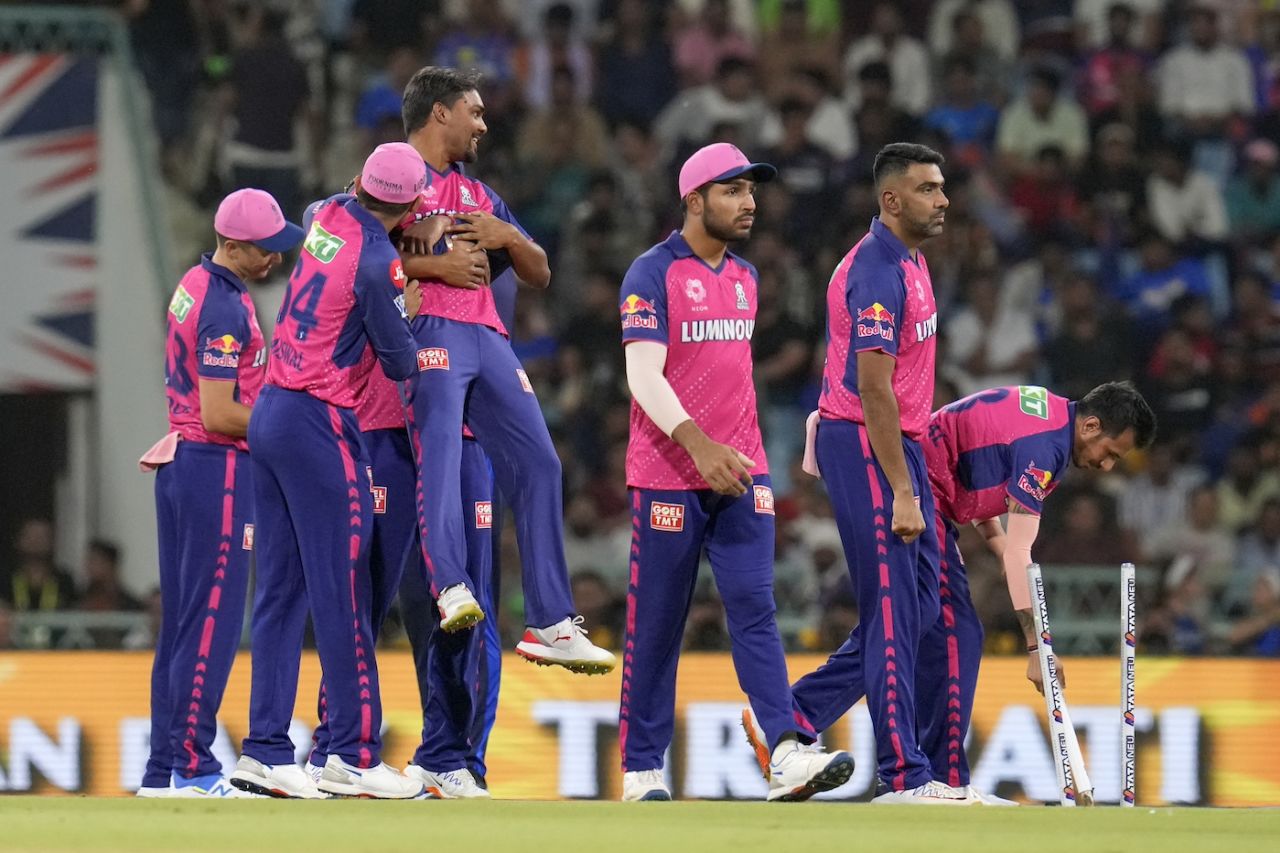 Sandeep Sharma gets lifted off the ground in celebration after dismissing Marcus Stoinis, Lucknow Super Giants vs Rajasthan Royals, IPL 2024, Lucknow, April 27, 2024