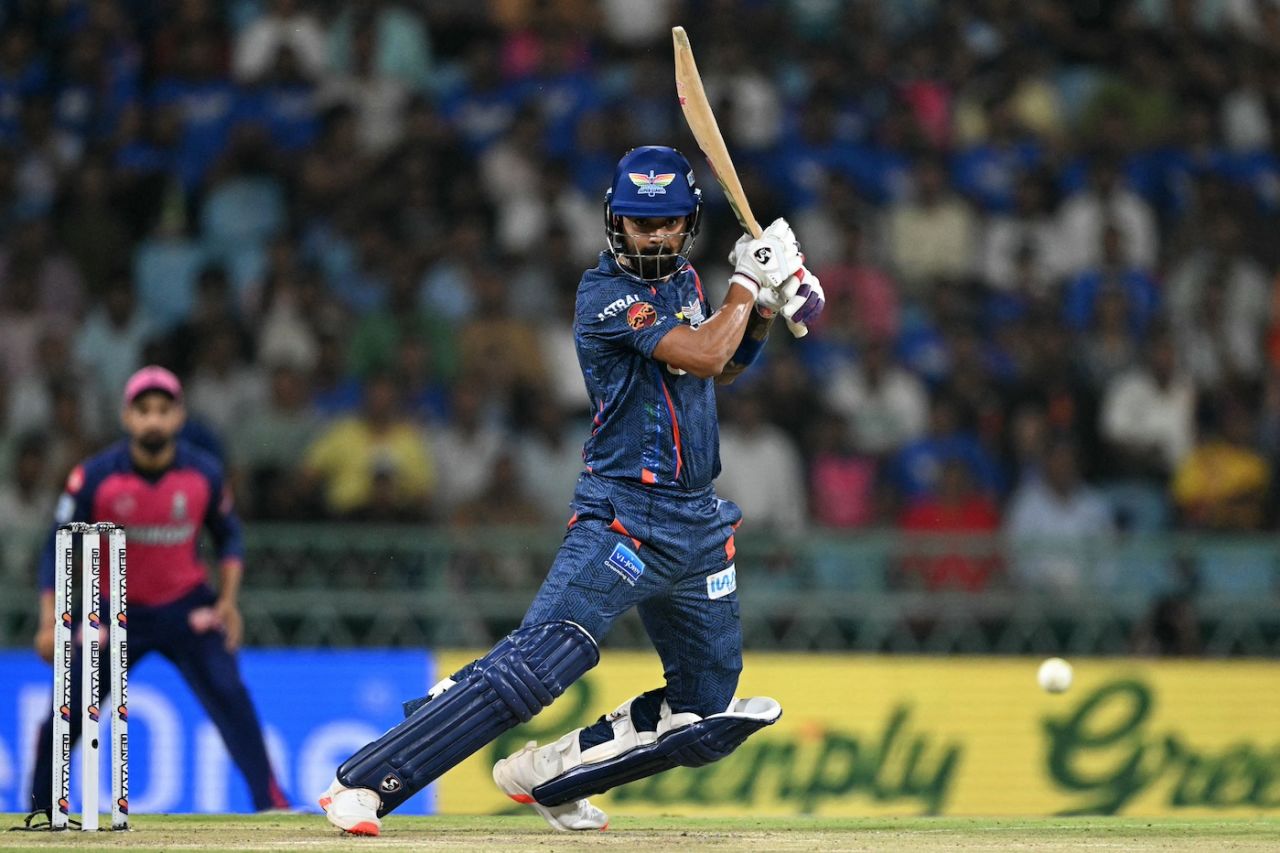 KL Rahul hits the ball through the off side, Lucknow Super Giants vs Rajasthan Royals, IPL 2024, Lucknow, April 27, 2024