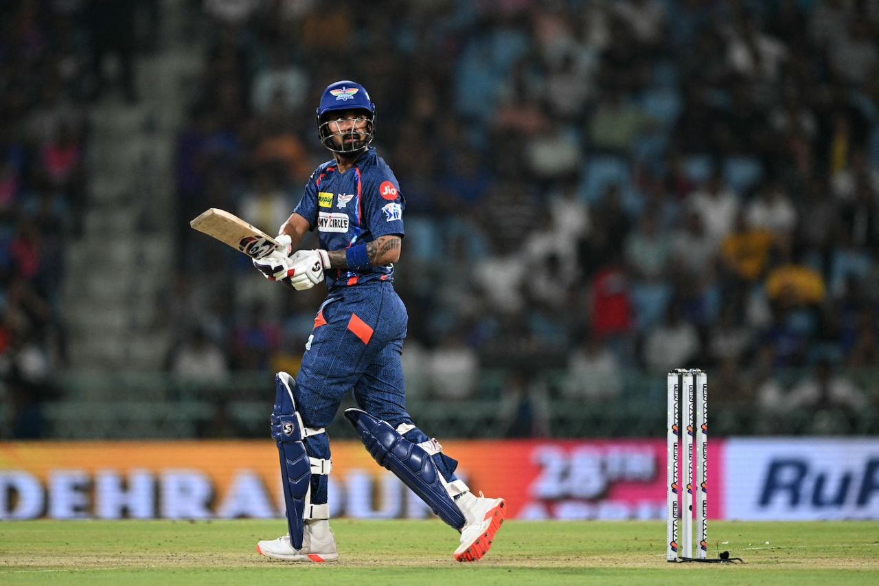KL Rahul watches the ball clear the long-leg boundary, Lucknow Super Giants vs Rajasthan Royals, IPL 2024, Lucknow, April 27, 2024