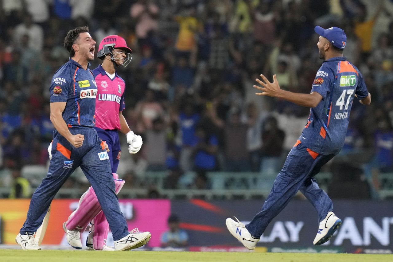 Marcus Stoinis muscles into celebrations after removing Yashasvi Jaiswal, Lucknow Super Giants vs Rajasthan Royals, IPL 2024, Lucknow, April 27, 2024