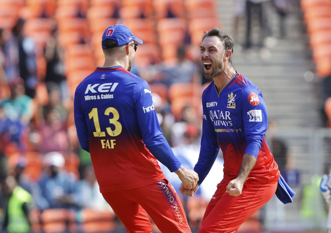 Glenn Maxwell celebrates with Faf du Plessis his first wicket on return, Gujarat Titans vs Royal Challengers Bengaluru, IPL 2024, Ahmedabad, April 28, 2024