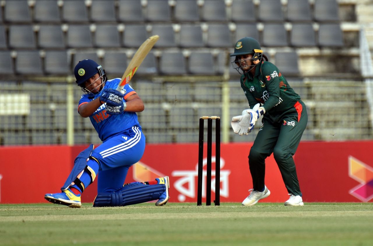 Richa Ghosh provided the impetus at No. 5, Bangladesh vs India, 1st women's T20I. Sylhet, April 28, 2024