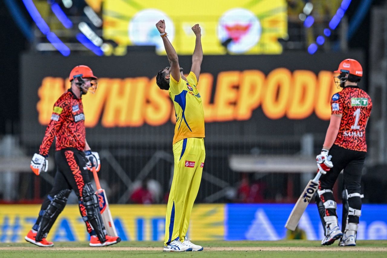 Matheesha Pathirana celebrates after seeing the back of Heinrich Klaasen, Chennai Super Kings vs Sunrisers Hyderabad, IPL 2024, Chennai, April 28, 2024