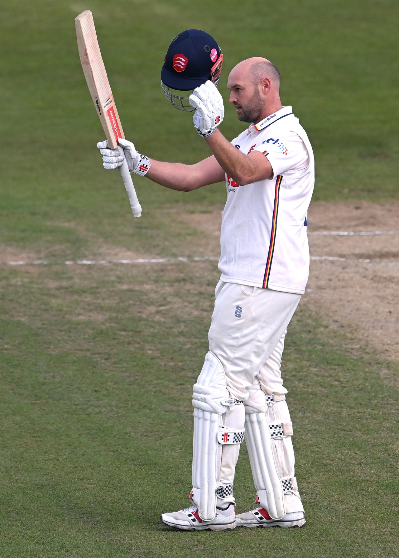 Nick Browne celebrates after reaching his century, Durham vs Essex, County Championship, Division One, Chester-le-Street, April 29, 2024