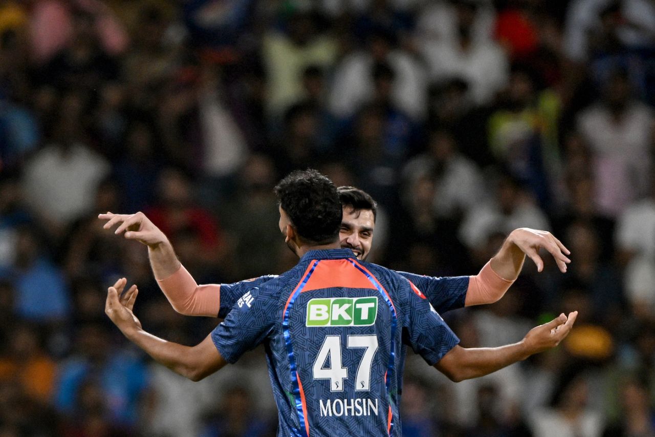 Mohsin Khan and Naveen-ul-Haq's choreographed celebration after Nehal Wadhera's fall, Lucknow Super Giants vs Mumbai Indians, IPL 2024, Lucknow, April 30, 2024 