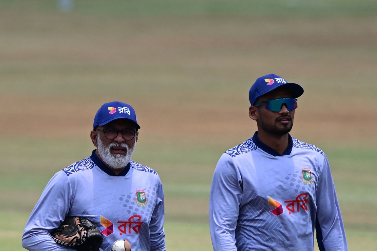 Bangladesh coach Chandika Hathurusinghe and captain Najmul Hossain Shanto at training on the eve of the Zimbabwe series, Chattogram, May 2, 2024