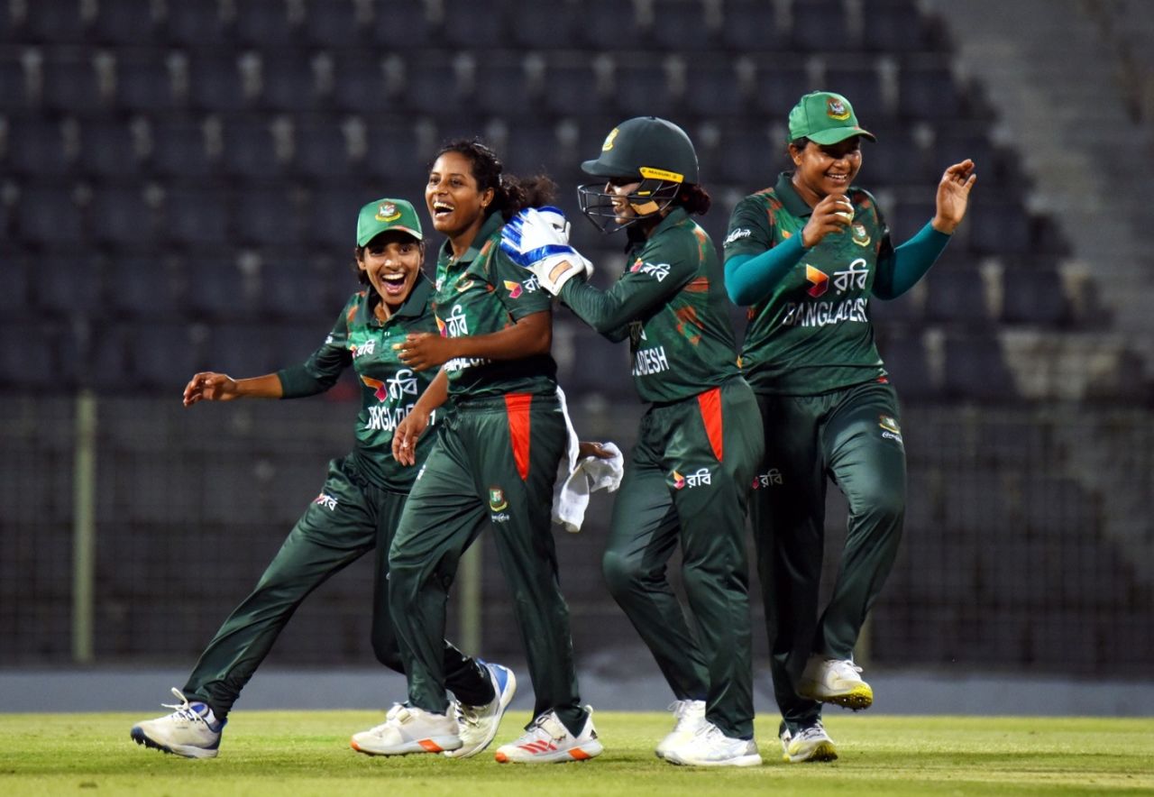 Ritu Moni celebrates with her team-mates, Bangladesh vs India, 3rd women's T20I, Sylhet, May 2, 2024