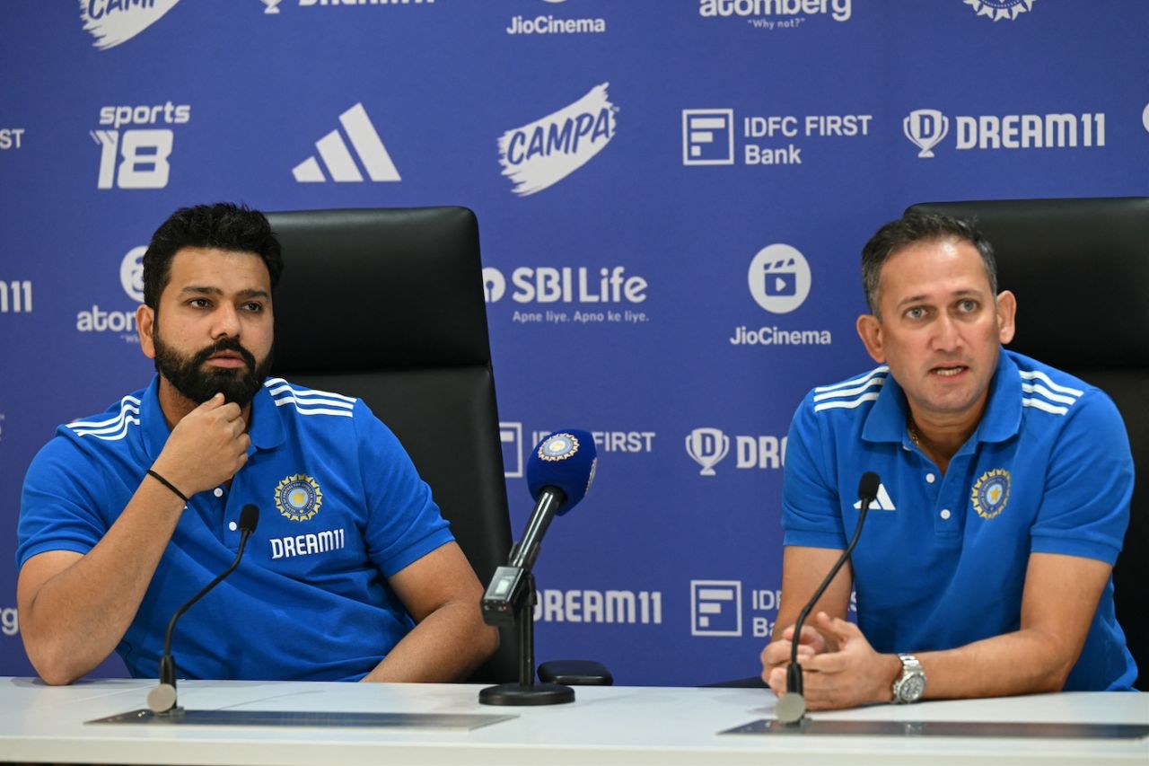 Rohit Sharma and Ajit Agarkar answer questions at a press conference in Mumbai, May 2, 2024