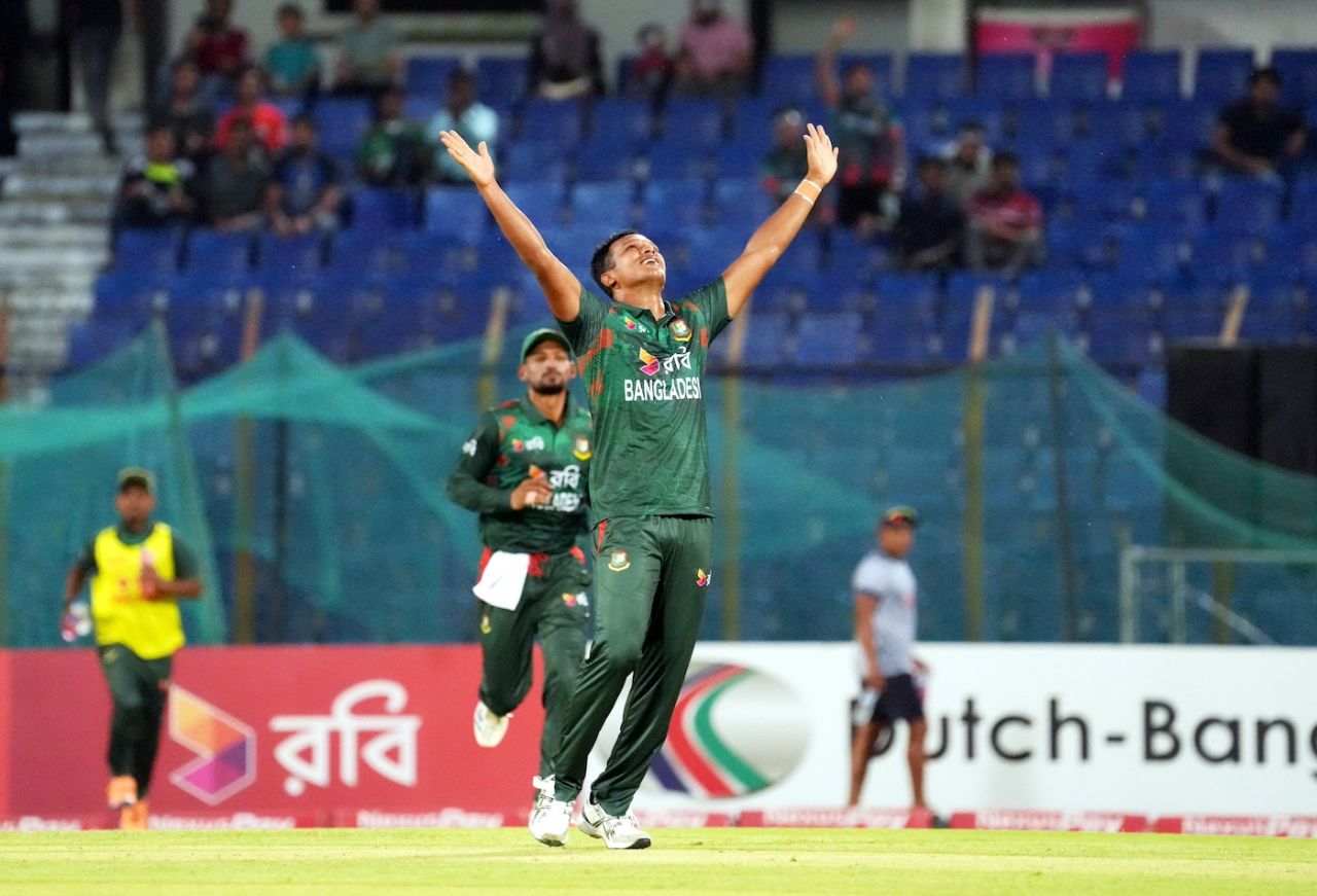 Mohammad Saifuddin celebrates a wicket, Bangladesh vs Zimbabwe, 1st T20I, Chattogram, May 3, 2024