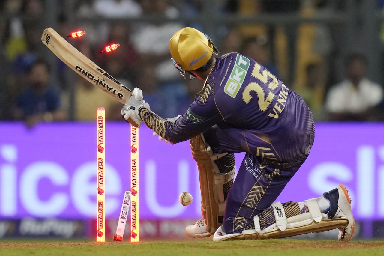 Venkatesh Iyer loses his stumps to a Jasprit Bumrah yorker, Mumbai Indians vs Kolkata Knight Riders, IPL 2024, Mumbai, May 3, 2024