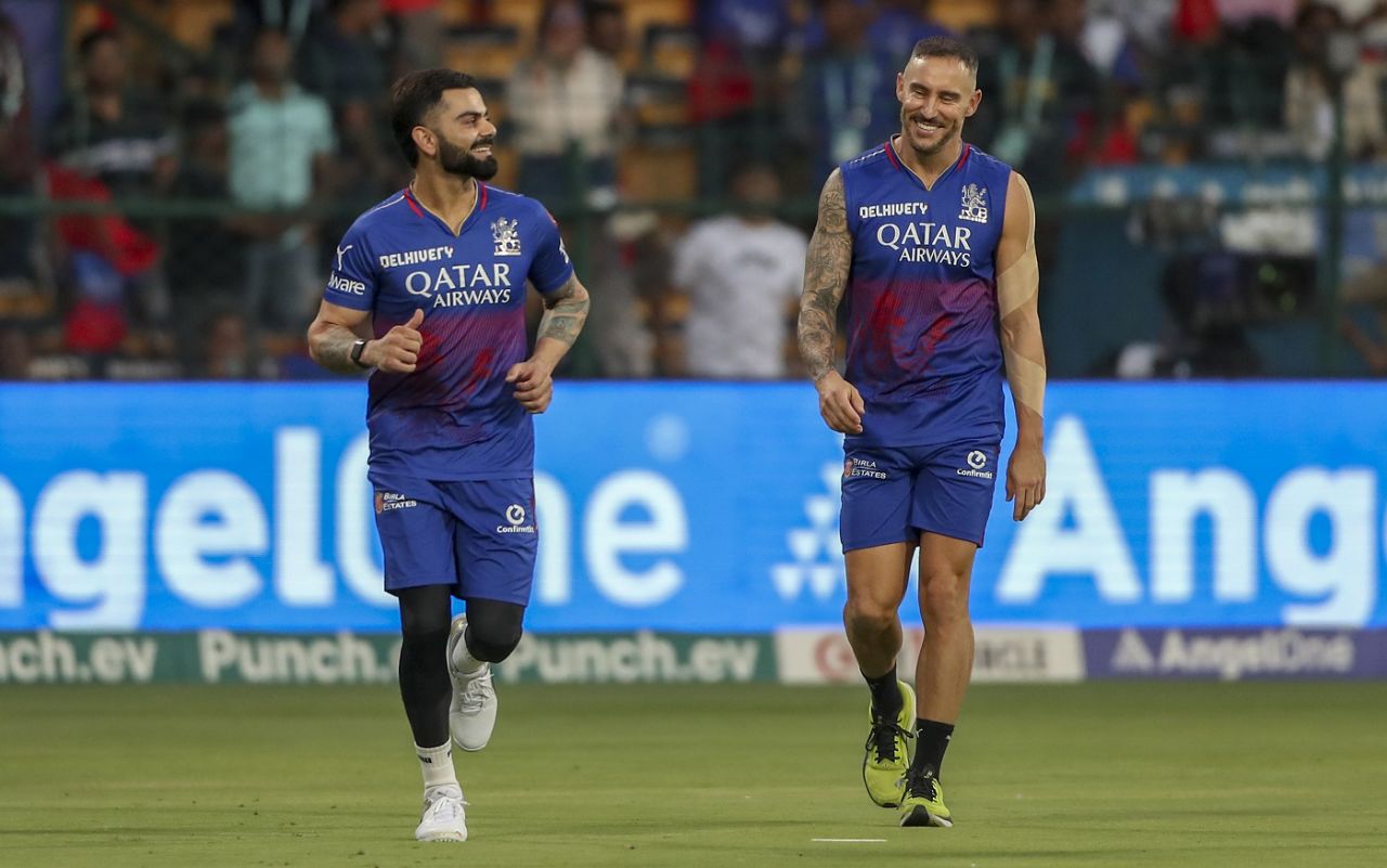Virat Kohli and Faf du Plessis exchange smiles, Royal Challengers Bengaluru vs Gujarat Titans, IPL 2024, Bengaluru, May 4, 2024