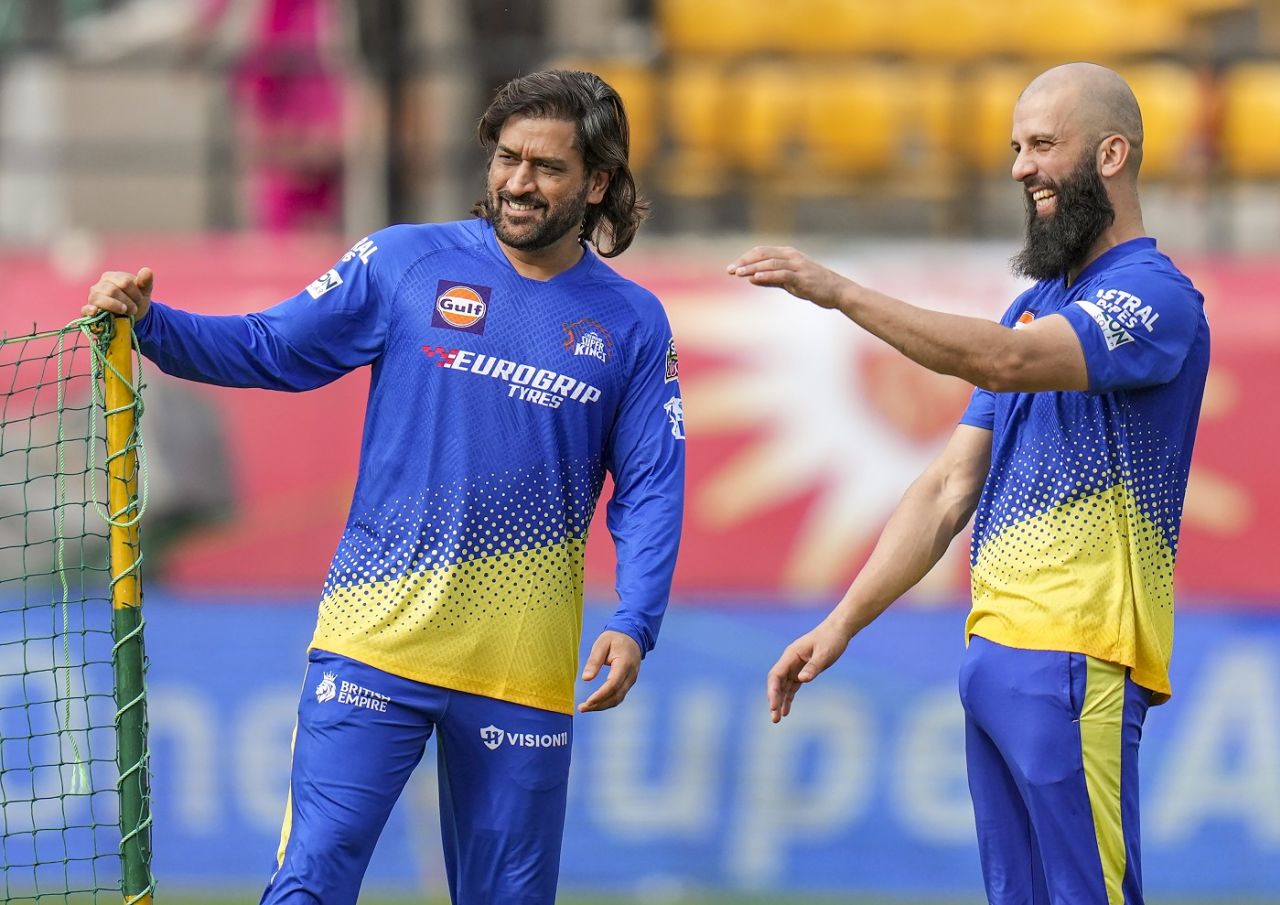 MS Dhoni and Moeen Ali find a reason to smile during training, Dharamsala, May 4, 2024
