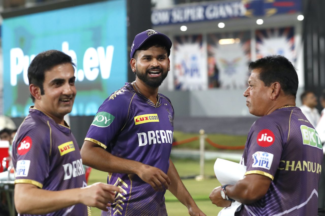 Gautam Gambhir, Shreyas Iyer, and Chandrakant Pandit have a chat ahead of the game, Lucknow Super Giants vs Kolkata Knight Riders, IPL 2024, Lucknow, May 5, 2024