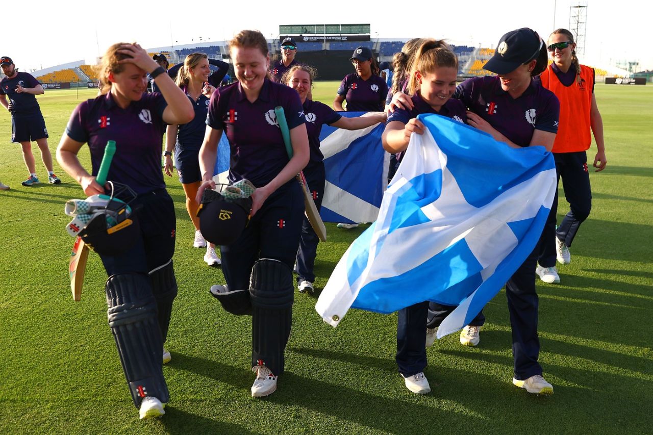 Scotland players get together after beating Ireland, Ireland vs Scotland, Women's T20 World Cup Qualifier, 1st semi-final, Abu Dhabi, May 5, 2024