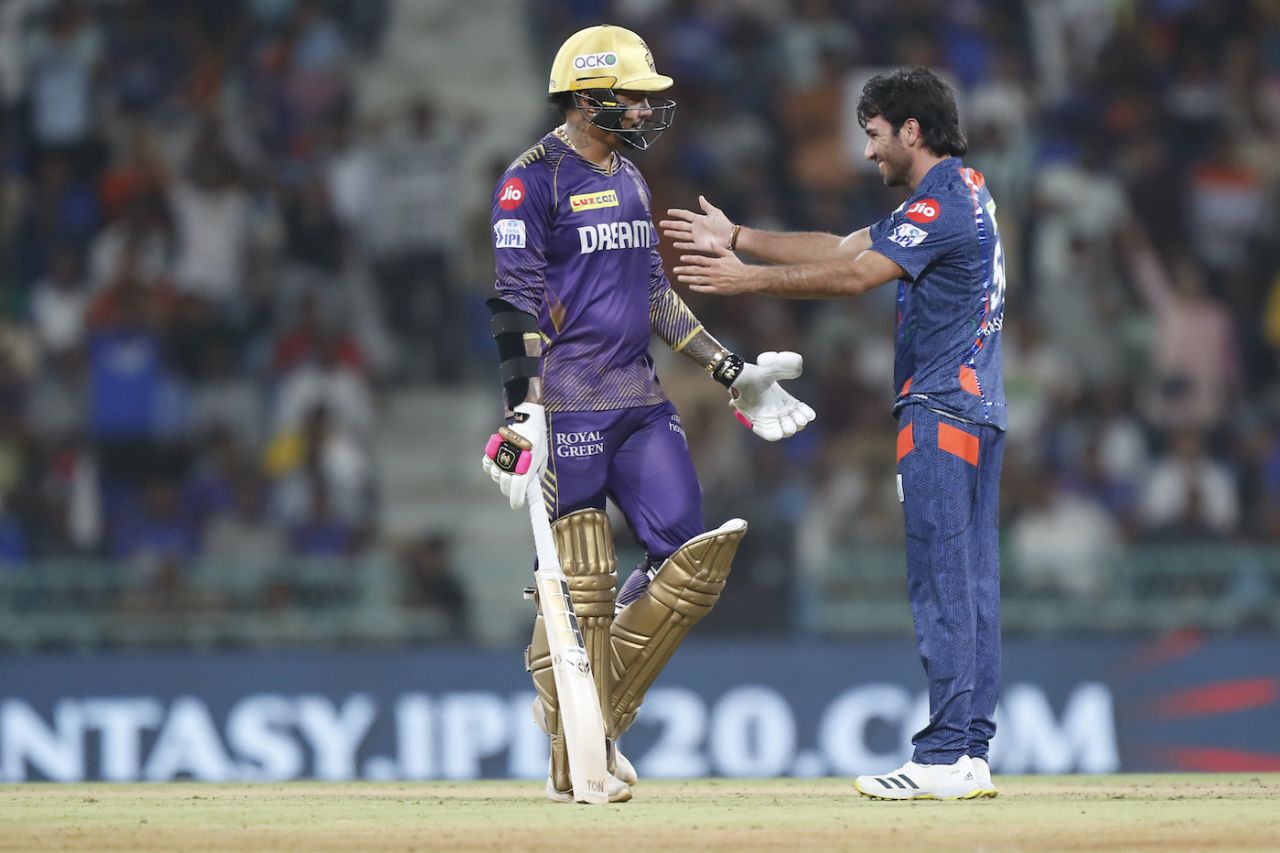 Ravi Bishnoi expresses his admiration for Sunil Narine's innings after dismissing him, Lucknow Super Giants vs Kolkata Knight Riders, IPL 2024, Lucknow, May 5, 2024
