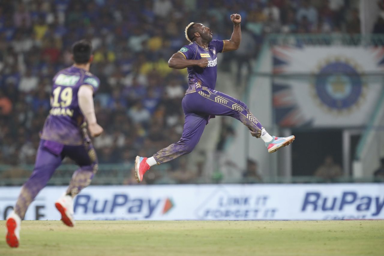 Like a boxer punching the air, Andre Russell celebrates the wicket of Nicholas Pooran, sent back KL Rahul, Lucknow Super Giants vs Kolkata Knight Riders, IPL 2024, Lucknow, May 5, 2024